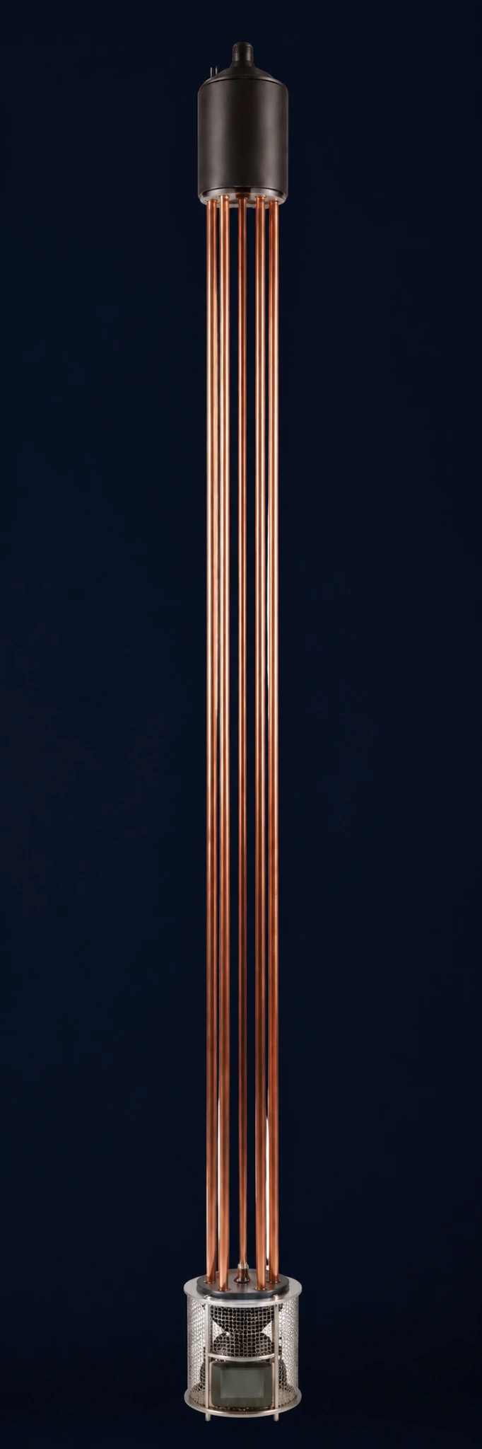 Astrum Drive product render: a dark upper cylinder connected by long copper tubes to a metallic, mesh-enclosed lower assembly.